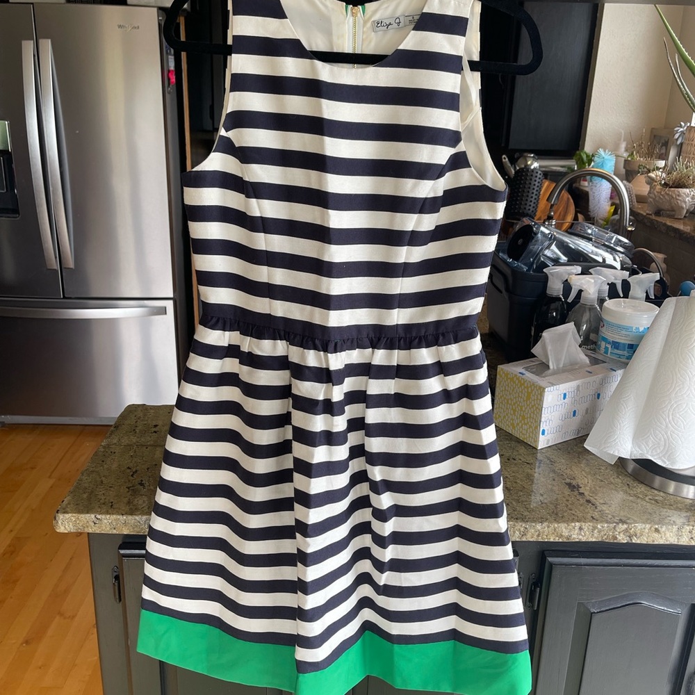 Eliza J navy white cream green stripe dress 8